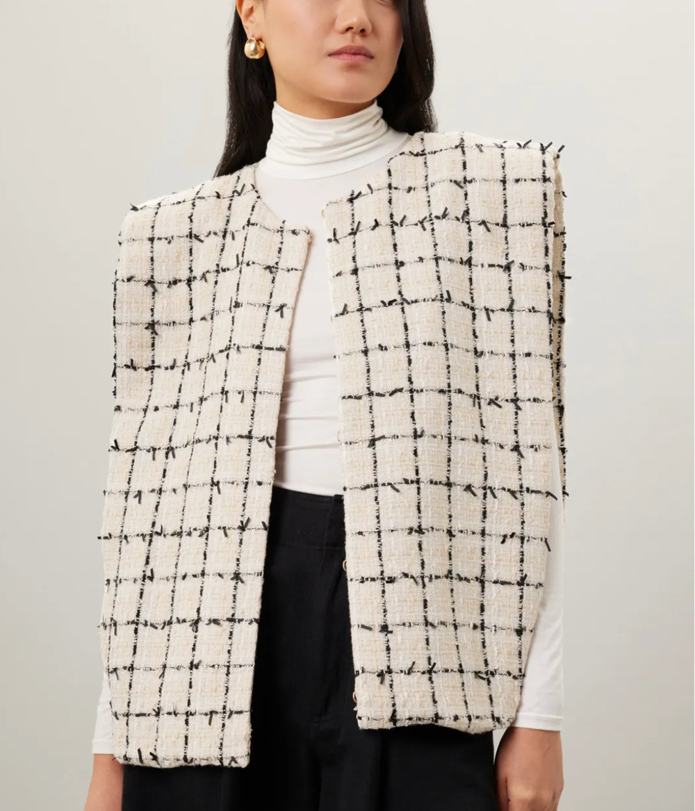 English Factory White Black Tweed Vest Boulce LARGE Boxy Oversized Designer $210